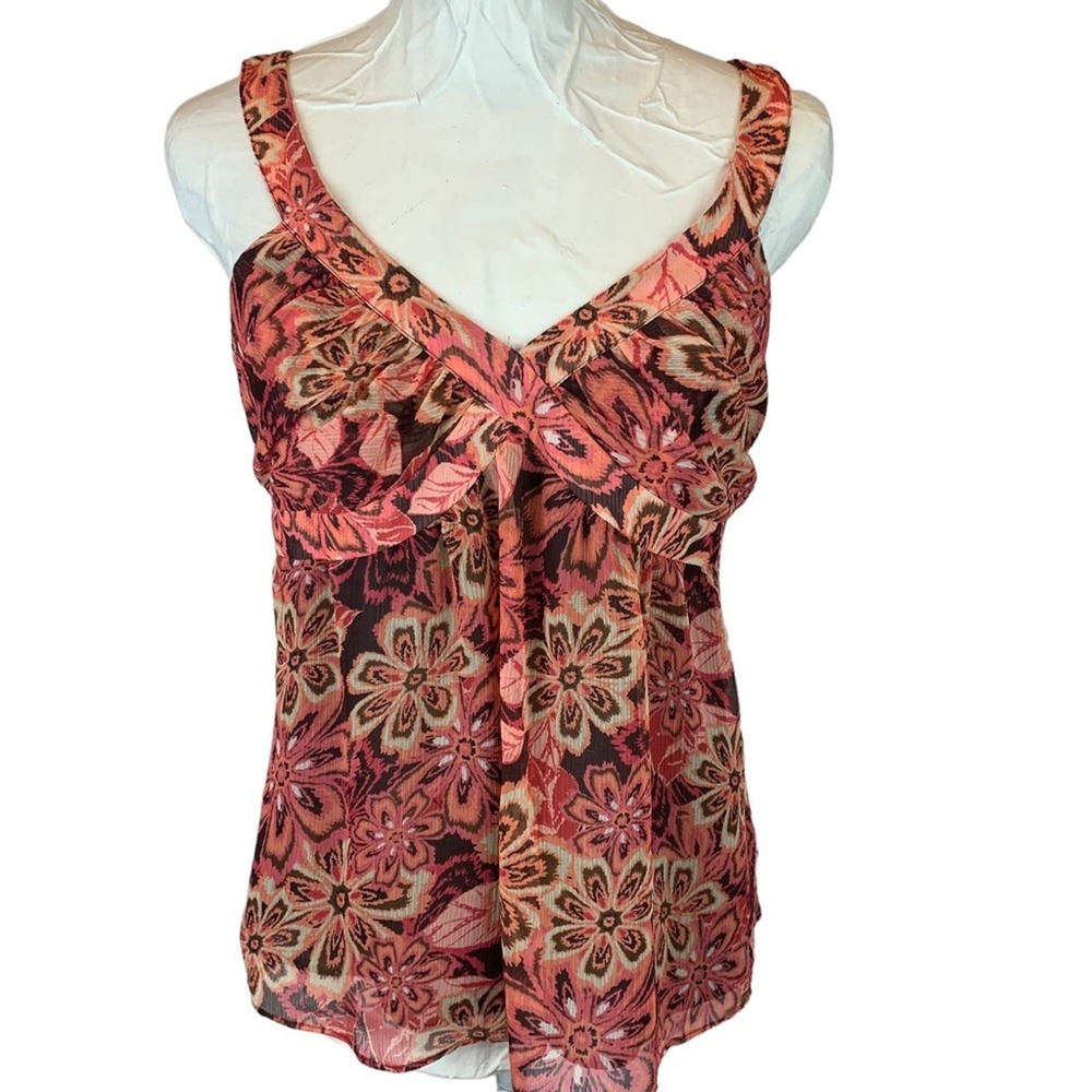 LOFT Ann Taylor Floral Sleeveless Blouse Womens Size 8P Pink V-Neck Flowy Tunic